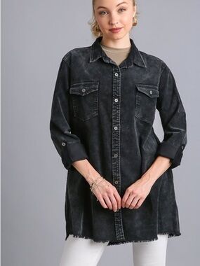 Umgee Stone Wash Denim Long Jacket or Dress Frayed Hem - Ash Black Cotton
